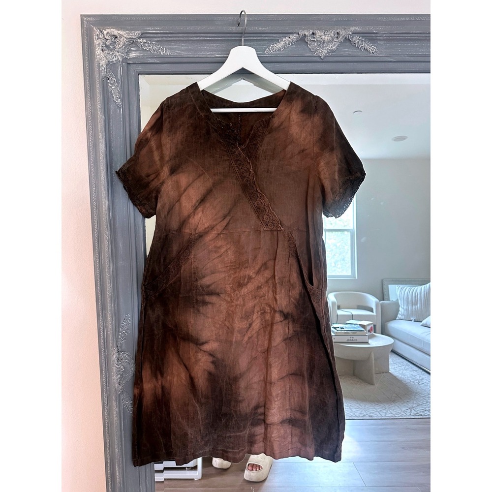 Brown Tie Dye Linen Lace Trim Shift Dress Short Sleeve Lagenlook Made in Italy L